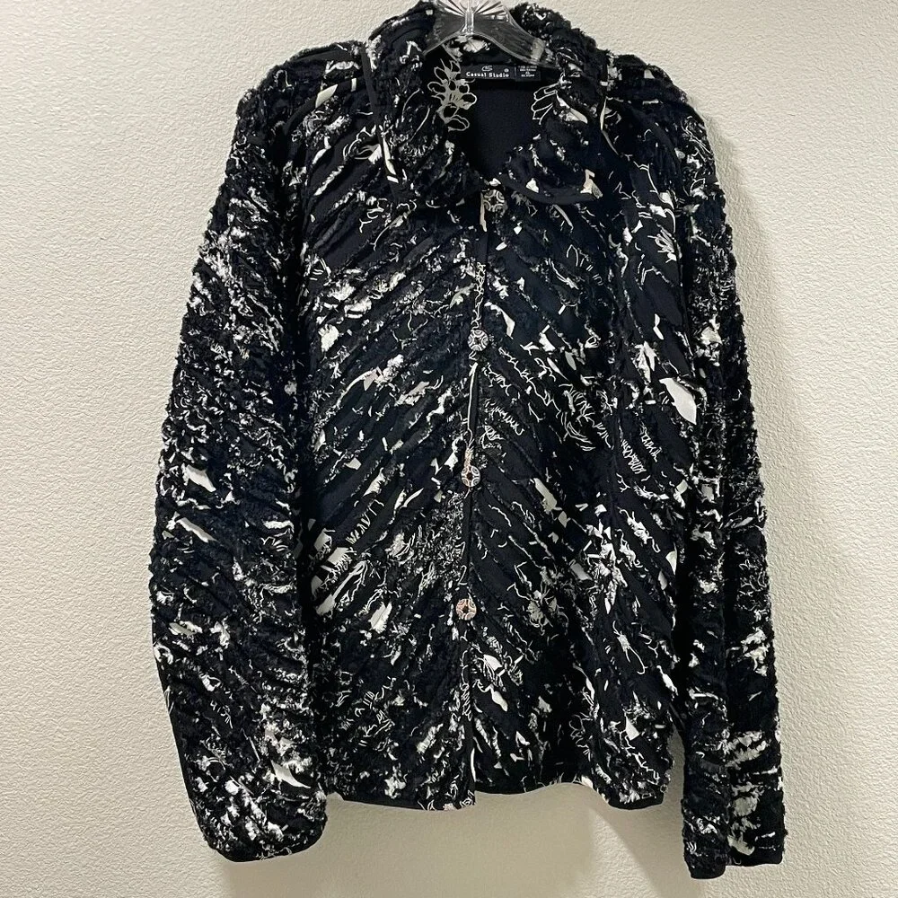 CASUAL STUDIO Vintage Chenille Long Sleeve Jacket Abstract Black/White Women XL